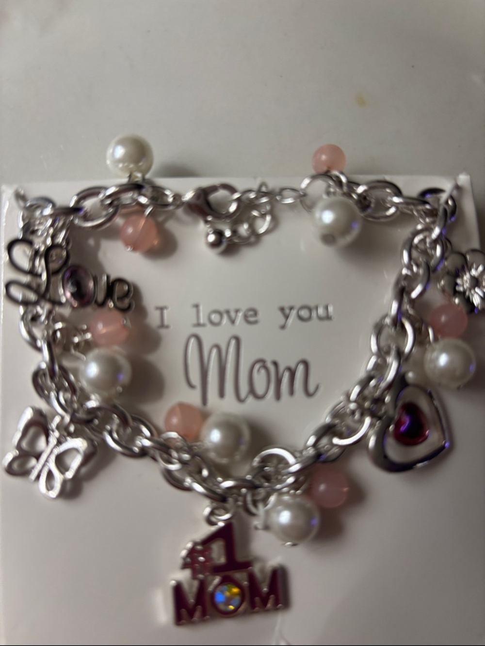 Mom Charm Bracelet with Pink Beads and Pearls